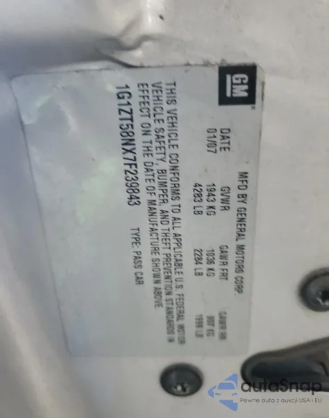 2007 Chevrolet Malibu Lt z USA, uszkodzony, nr VIN 1G1ZT58NX7F239843